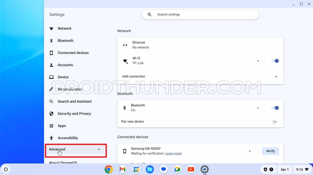 Click Advanced from settings to Enable Linux on Chromebook